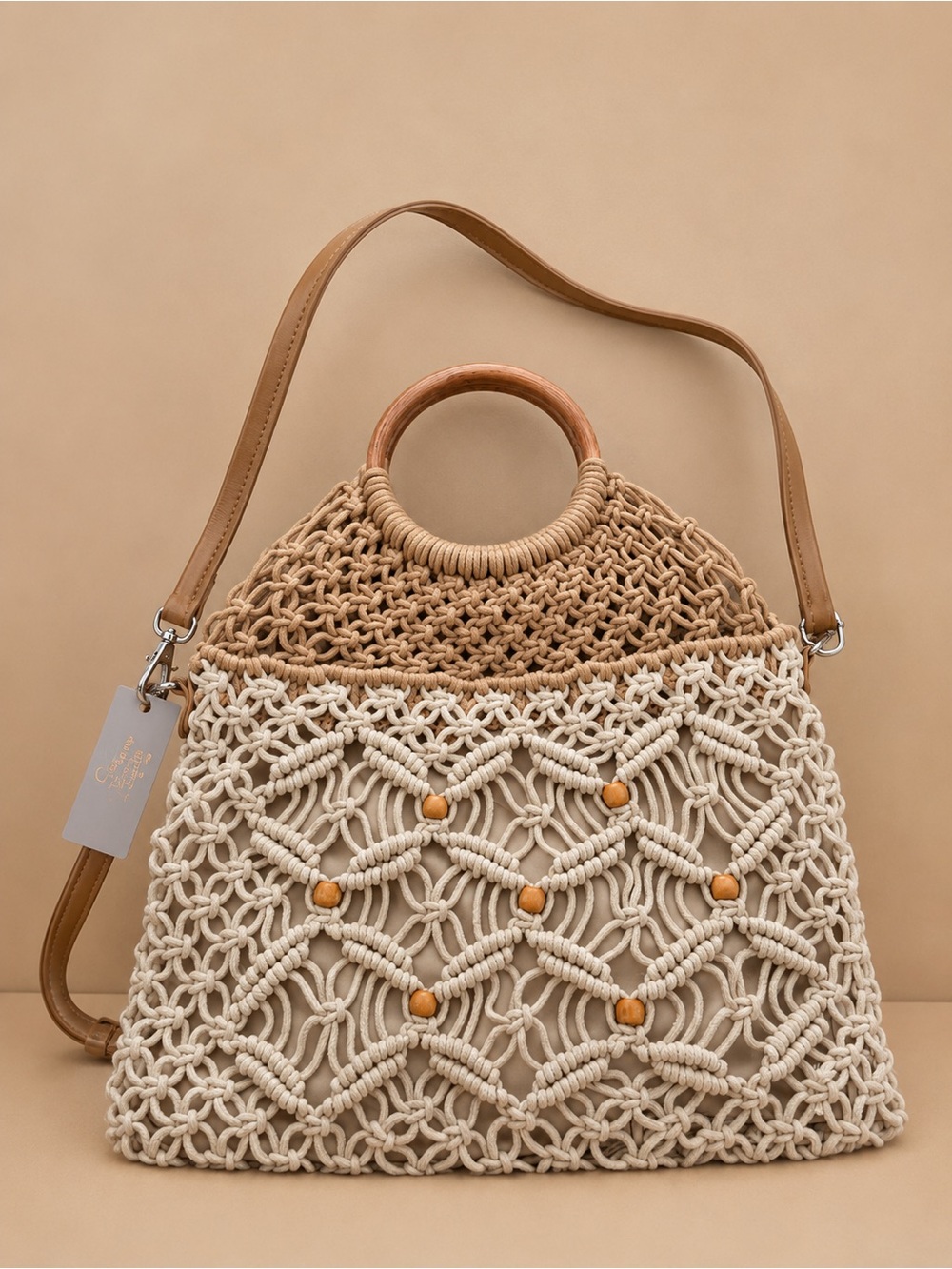 Crown Vintage Macrame Woven Tote Bag Wood Handle Crossbody Boho Cream Tan NWT